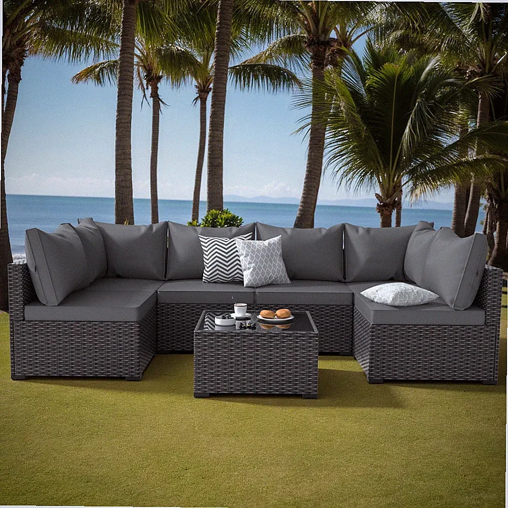 7 Pieces PE Wicker Outdoor Patio Sectional Furniture Set Conversation Couch Seat