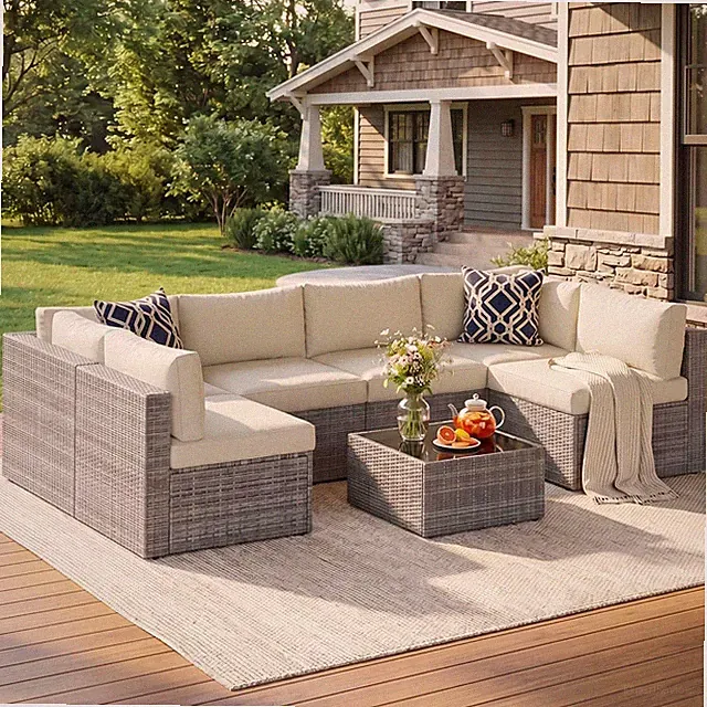 7 Pieces Wicker Outdoor Patio Furniture Set | Patio Sectional Sofa with Coffee T