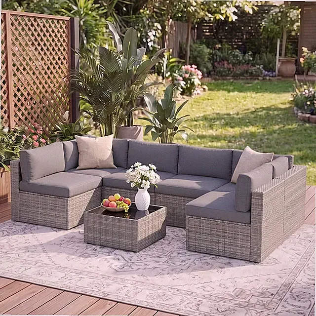 7-Pieces Wicker Outdoor Patio Furniture Set | Ratton Patio Sectional Sofa Set wi
