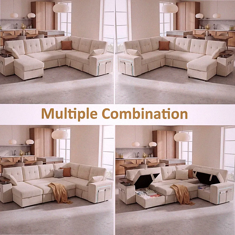 7 Seat L-Shaped Couch Modular Sectional Sleeper Sofa with Movable Storage Chaise