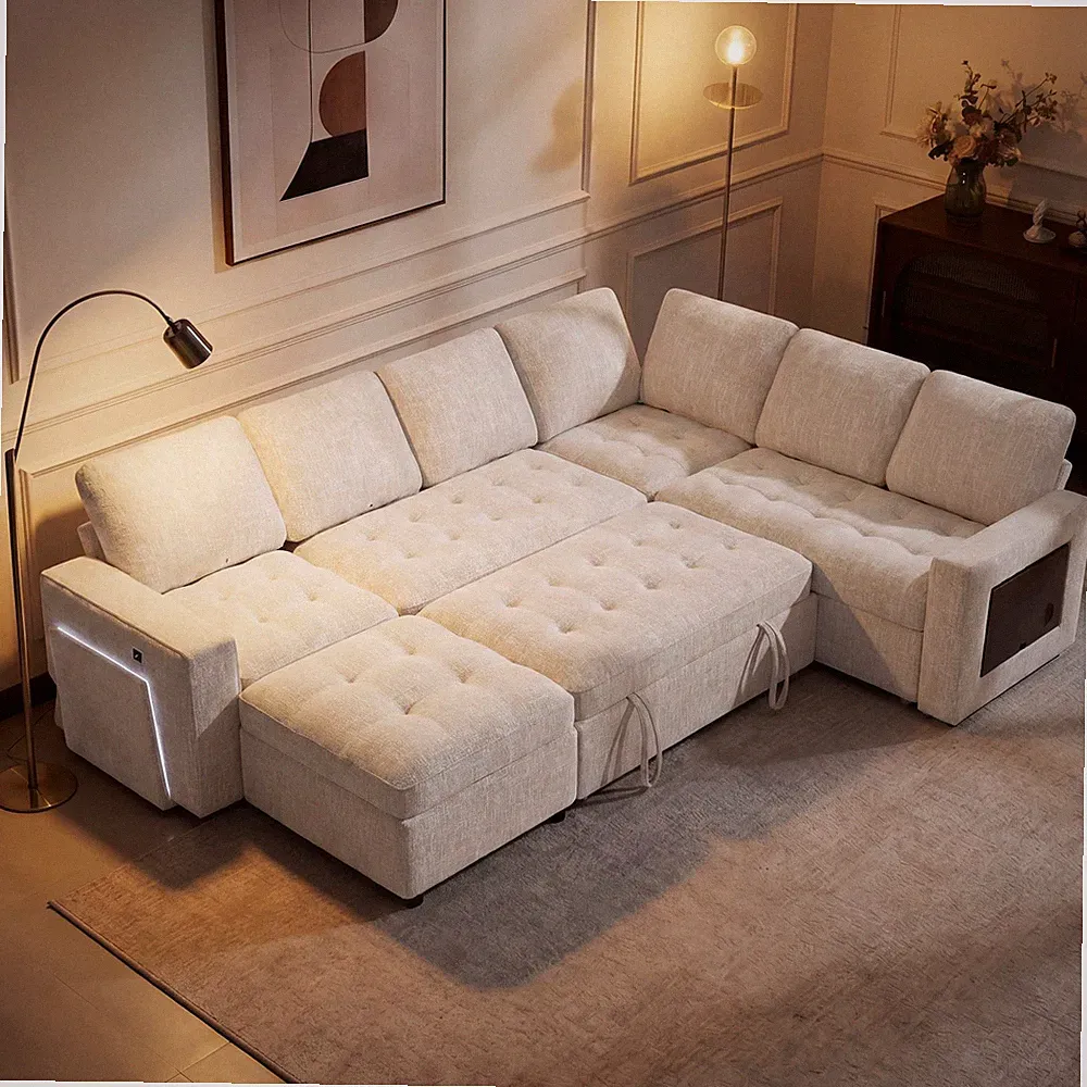 7 Seat L Shaped Sectional Sleeper Sofa Bed with Pull Out Bed,Sectional Couch