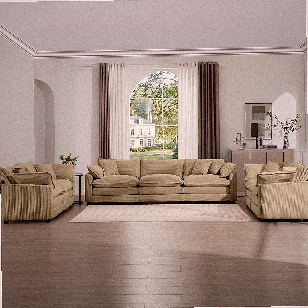 7-Seat Living Room Sofa Set, Tan Corduroy Fabric, Modern Sectional w/Recliner