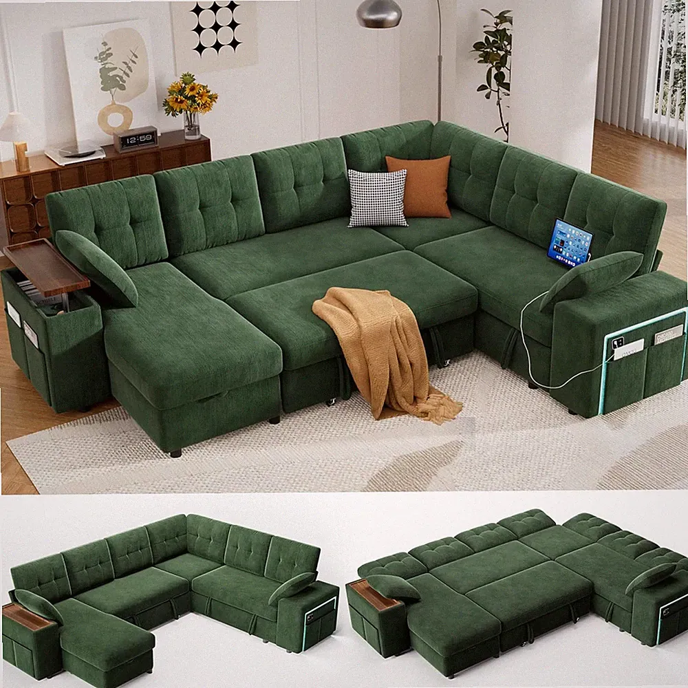 7 Seat Modular Sectional Sleeper Sofa with Pull Out Bed, L-Shaped Couch with Rec