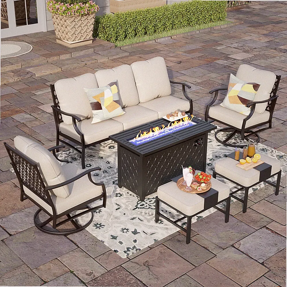 7 Seat Patio Outdoor Conversation Sectional Sofa Set with Gas Fire Pit Table