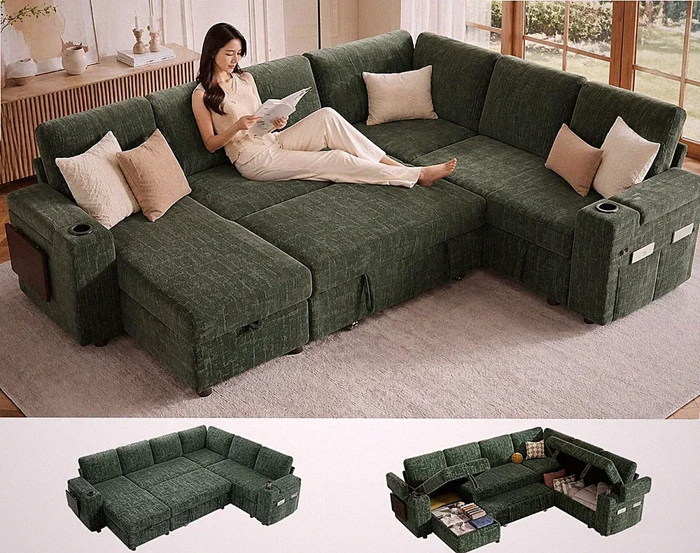 7 Seat U-Shaped Sectional Sofa Bed with Pull Out Bed, 111'' Chenille Modular Sle