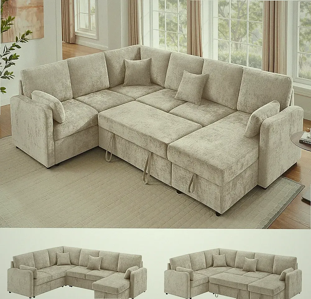 7 Seater 112'' Sectional Sleeper Sofa with Storage, Chenille Camel
