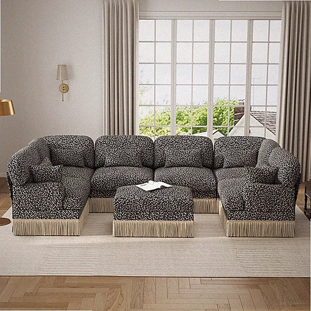 7-Seater Leopard Print Chenille Sectional Sofa with Tassel Trim