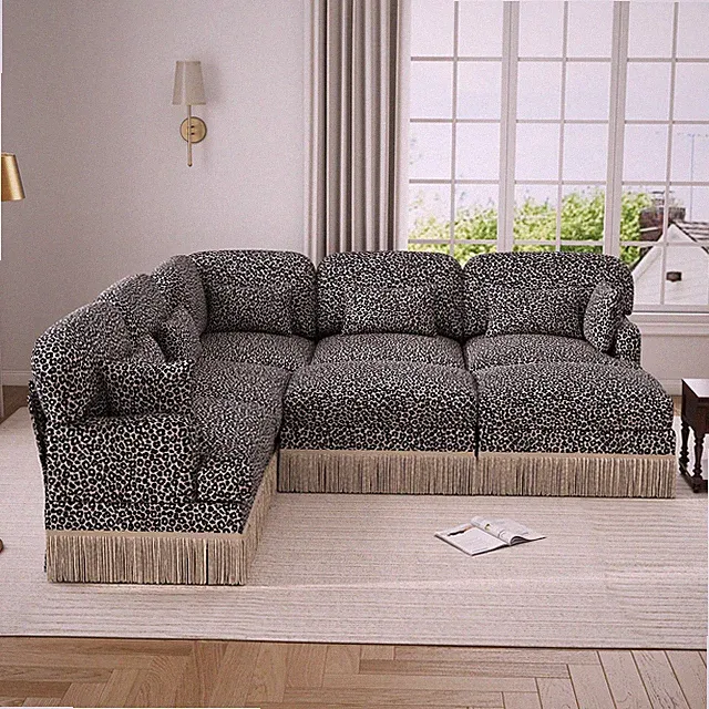 7 Seater Modular Chenille Sectional Sofa Leopard Print with Pillows