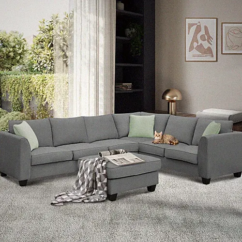 7 Seats Modular Sectional Sofa with Ottoman L-Shape Sofa Couches with 3 Pillows