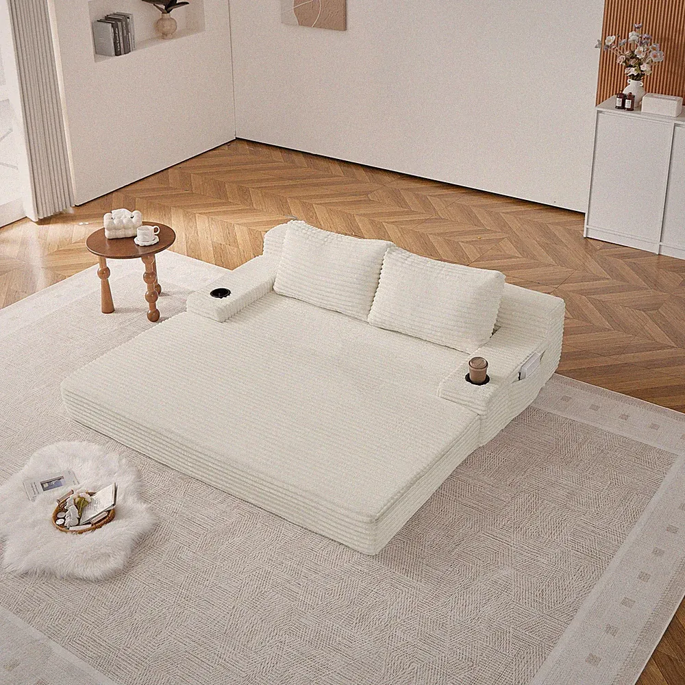 70.8" Corduroy Sofa Bed with Cup Holders & Storage Pockets