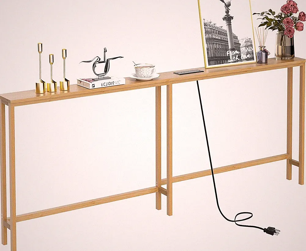 70.9 Inch Narrow Console Table with Outlet,Bamboo Behind Couch Sofa Table,Skinny
