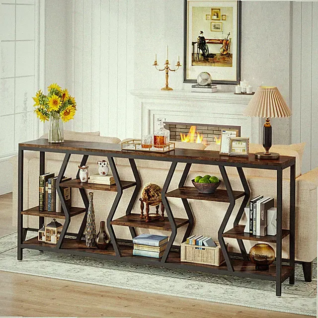 70.9 Inches Sofa Console Table with 4 Tier Wood Storage Shelves, Industrial E...