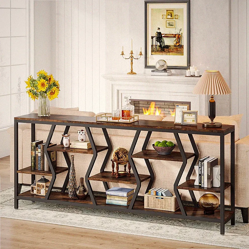 70.9 Inches Sofa Console Table with 4 Tier Wood Storage Shelves, Industrial Extr