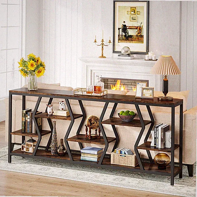 70.9 Inches Sofa Console Table with 4 Tier Wood Storage Shelves, Industrial Extr