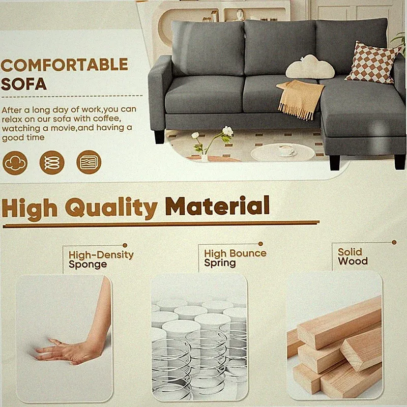 70" Convertible Sectional Sofa Couch 3-Seat L-Shaped Small Sofa Couch with Re...