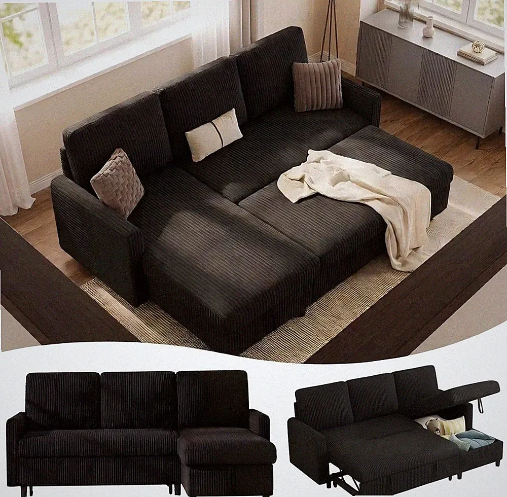70'' Convertible Sleeper Sofa Bed with Storage - L Shaped Futon in Black