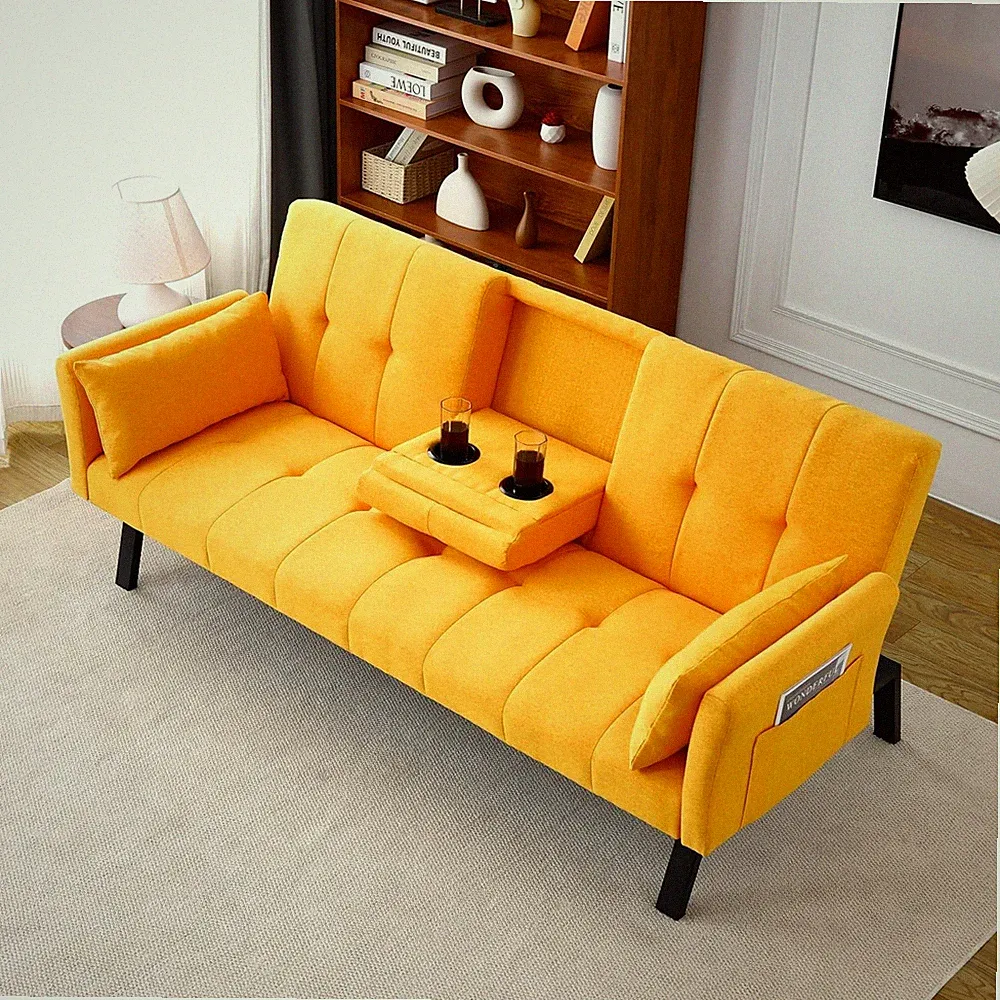 70” Convertible Sofa Bed,Cotton and Linen Sofa Bed with Cup Holders Side Storage