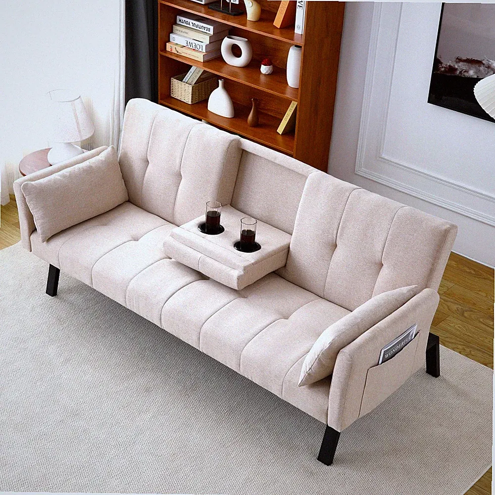 70" Cotton Linen Sofa Bed, Foldable Sofa w/Cup Holder& Storage,Multi-Functional