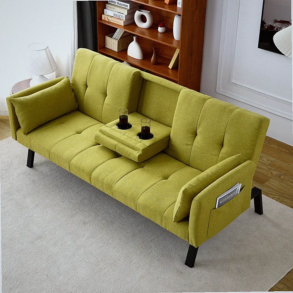 70" Cotton Linen Sofa Bed, Foldable Sofa w/Cup Holder& Storage,Multi-Functional