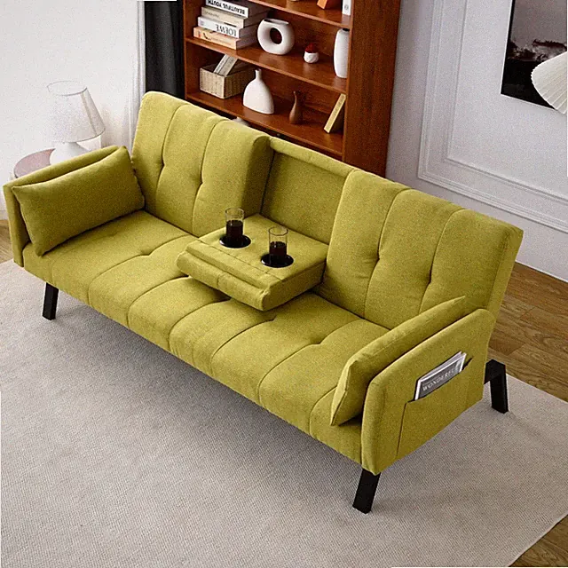 70" Cotton Linen Sofa Bed, Foldable with Cup Holder & Storage, Multi-Functional