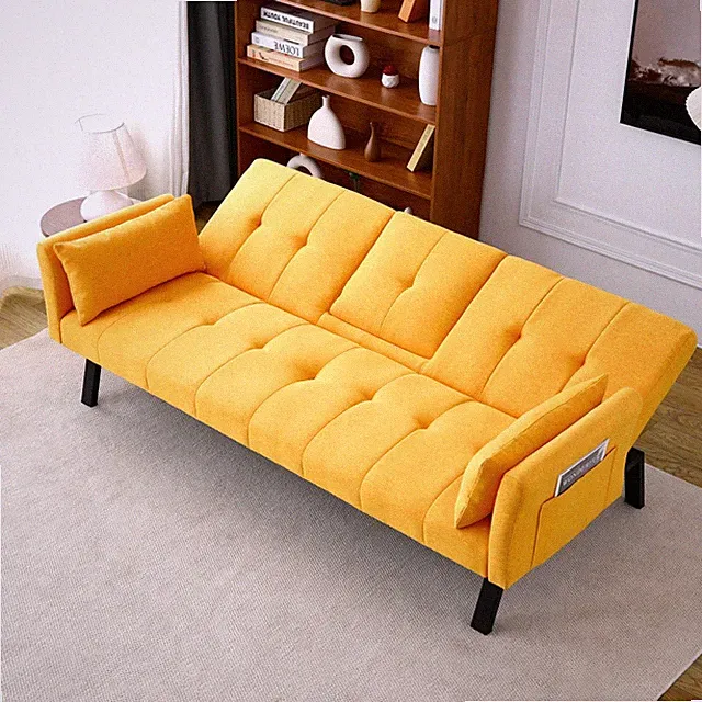 70" Cotton Linen Sofa Bed, Foldable with Cup Holder & Storage, Multi-Functional