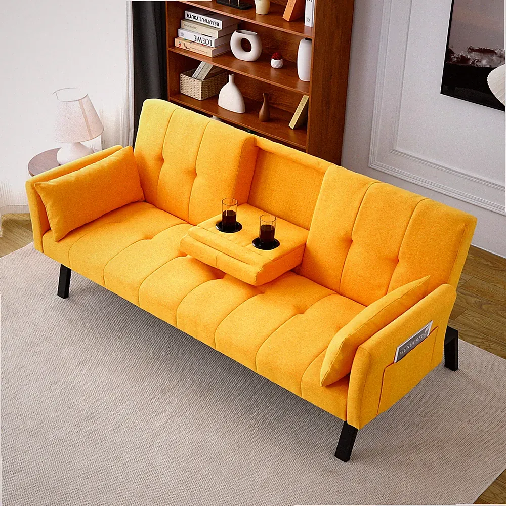70" Foldable Loveseat Sofa Bed with Cup Holder & Side Storage, Cotton Linen