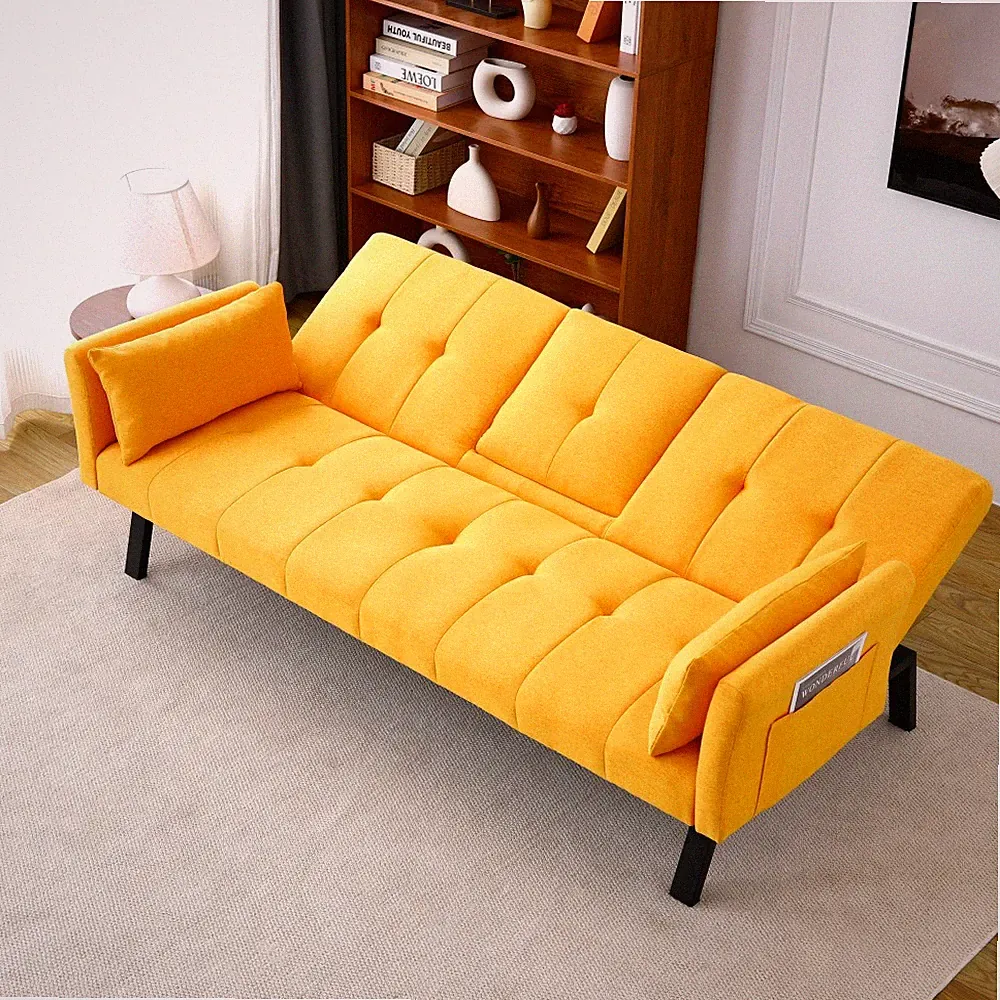70'' Foldable Sofa Bed,Cotton Linen w/ Cup Holder &Side Storage Multi-Functional