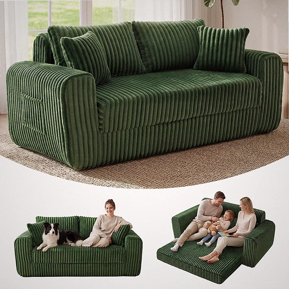 70 Inch 2-in-1 Convertible Sofa Bed Loveseat Sleeper with Pillows Green