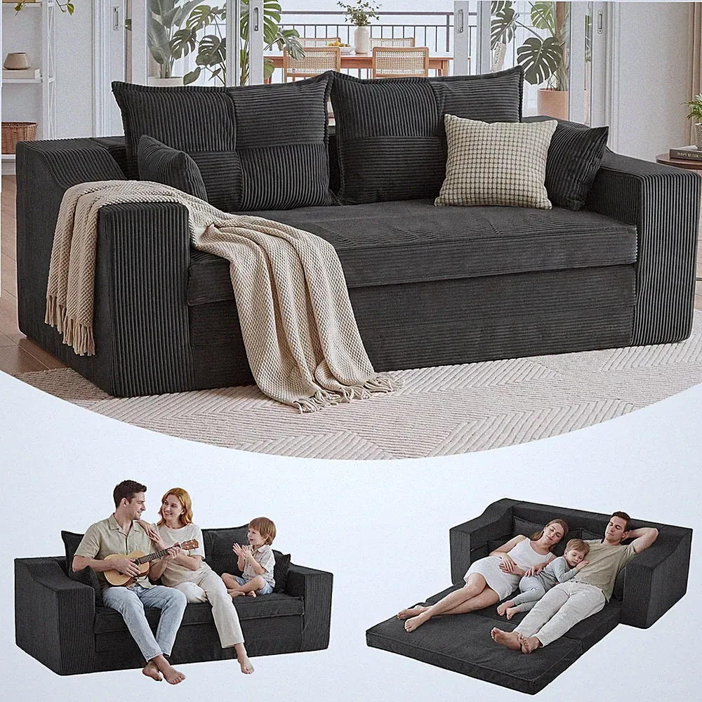 70 Inch Corduroy Dark Grey 3 Seater Convertible Tri Fold Sofa Bed With 4 Pillows