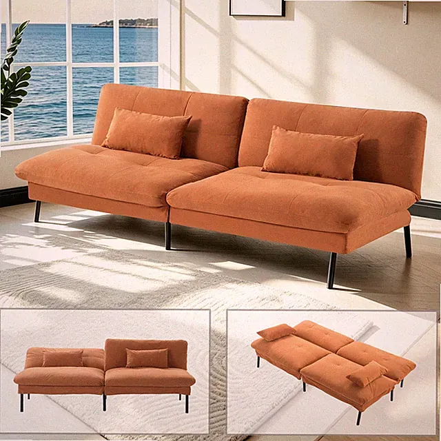 70" Modern Futon Sofa Bed Orange Velvet Foldable Convertible Couch Split-Back