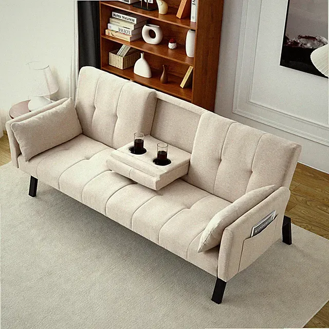 70" Modern Linen Futon Sofa Bed Beige Cup Holder Convertible Loveseat Apartment