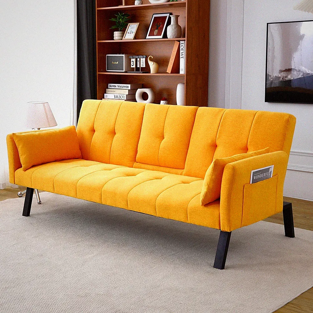 70" Modern Minimalist Linen Futon Sofa Bed Yellow Cotton Foldable Recliner