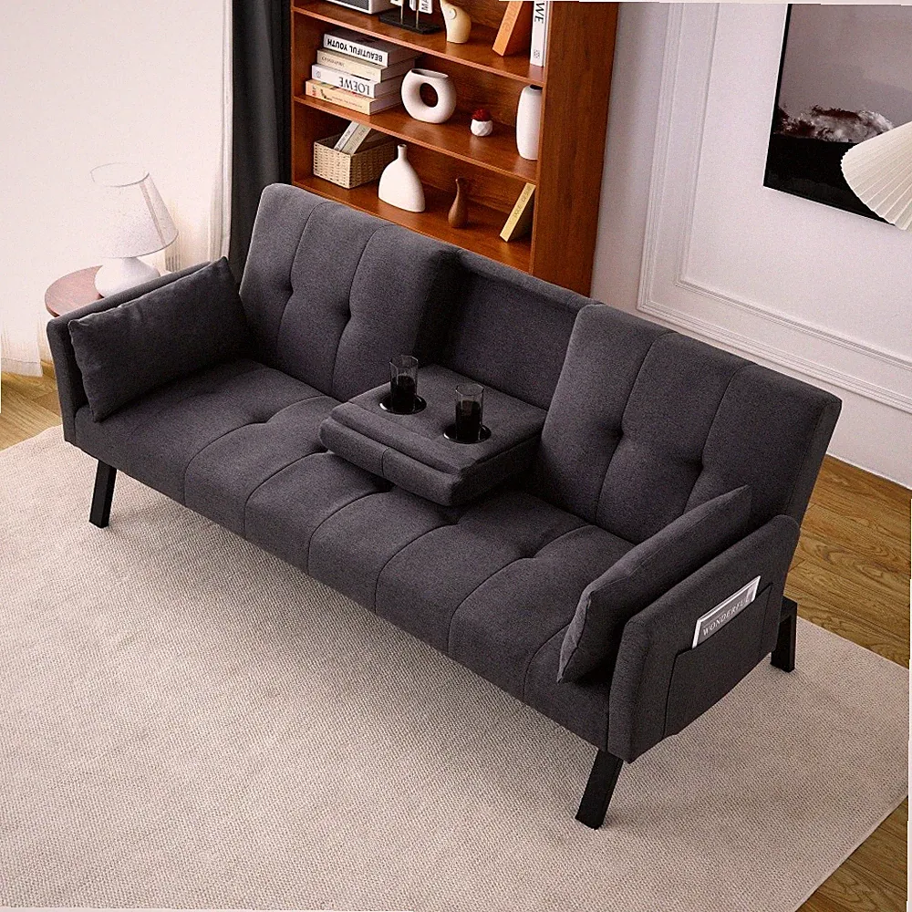 70" multi-functional cotton and linen sofa bed: foldable +cup holder DARK GREY