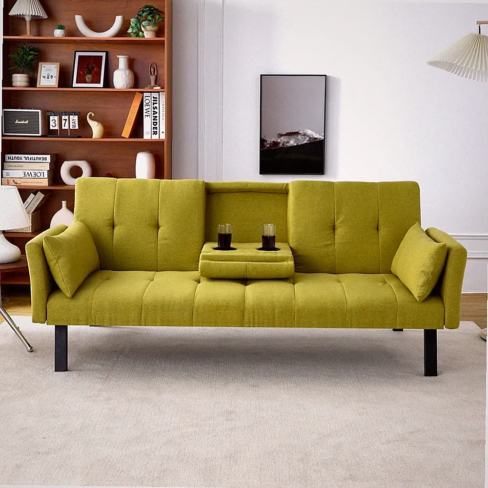70" multi-functional cotton and linen sofa bed: foldable +cup holder Green