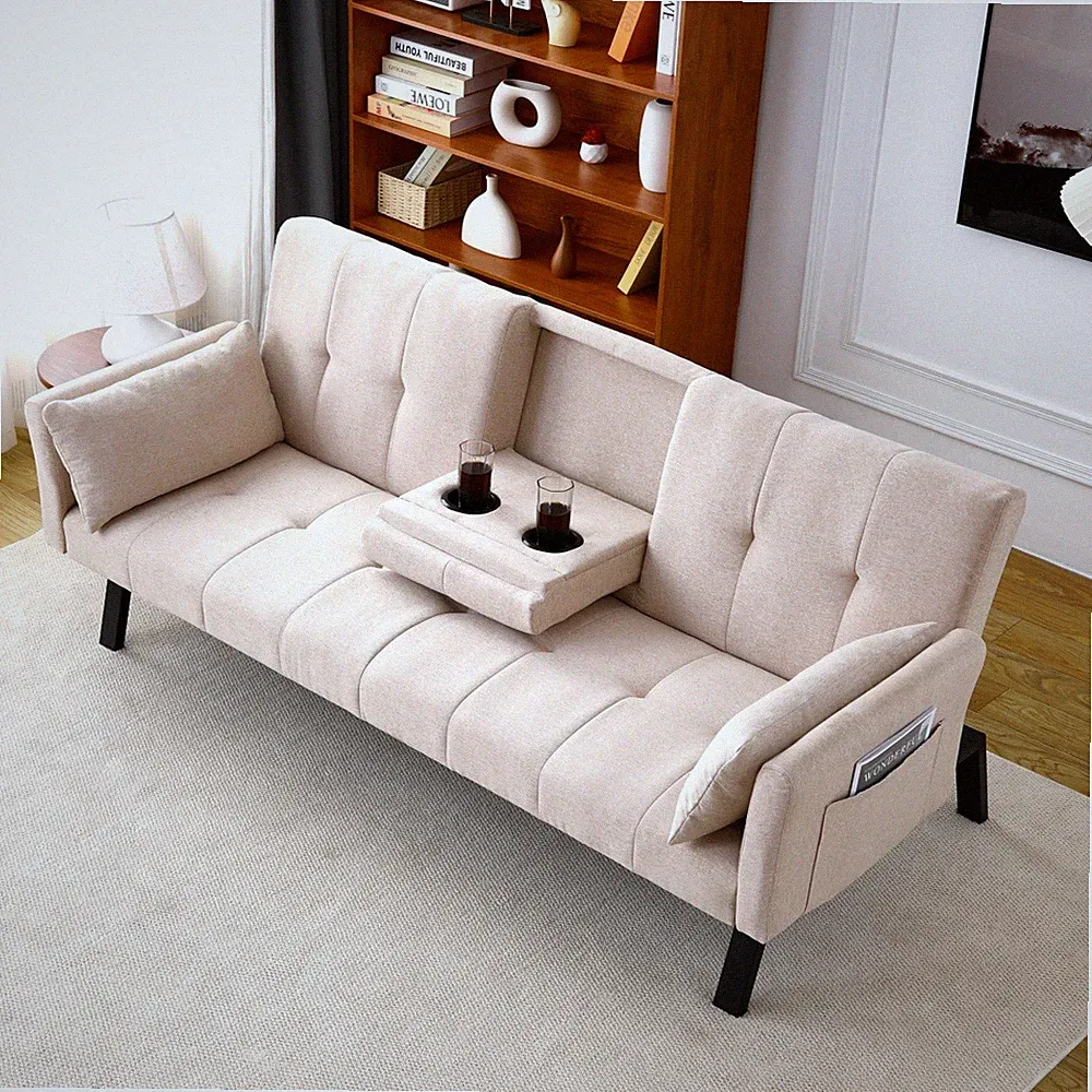 70"multi-functional cotton and linen sofa bed foldable +cup holder +side storage