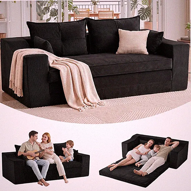 70" Tri-Fold Sofa Bed Futon with Pillows Black Corduroy No Assembly