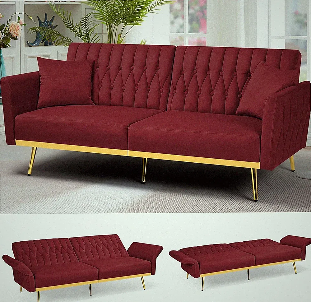 70” Veet Futon Sofa Bed w/Adjustable Armrests & 2 Pillows, Convertible