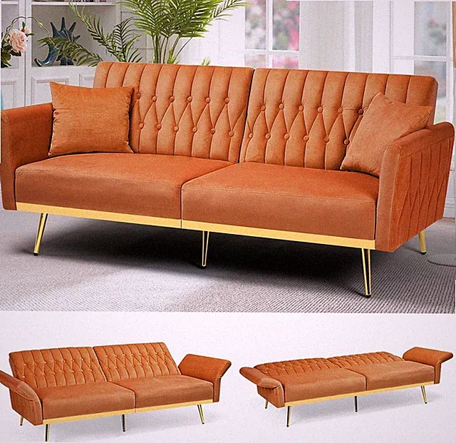 70” Velvet Futon Sofa Bed w/Adjustable Armrests & 2 Pillows Convertible Futon