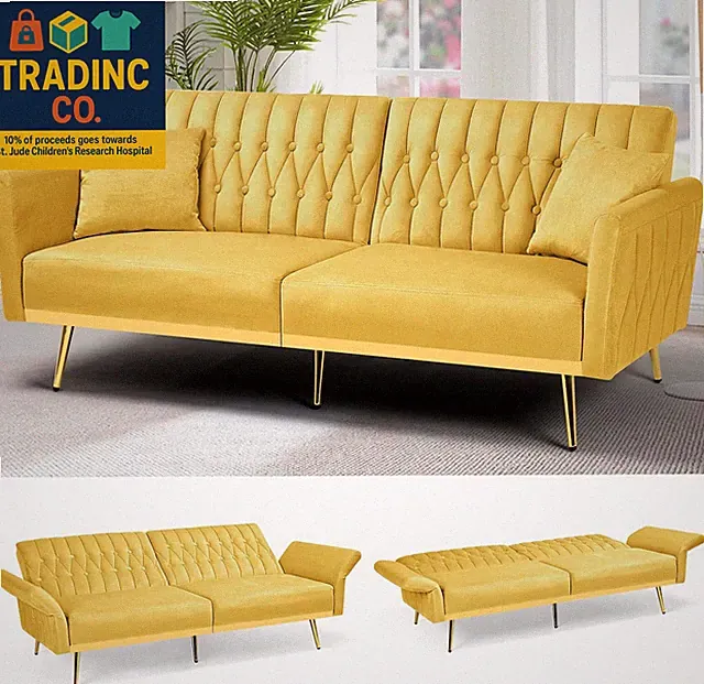 70” Velvet Futon Sofa Bed W/Adjustable Armrests & 2 Pillows, Convertible Futon C