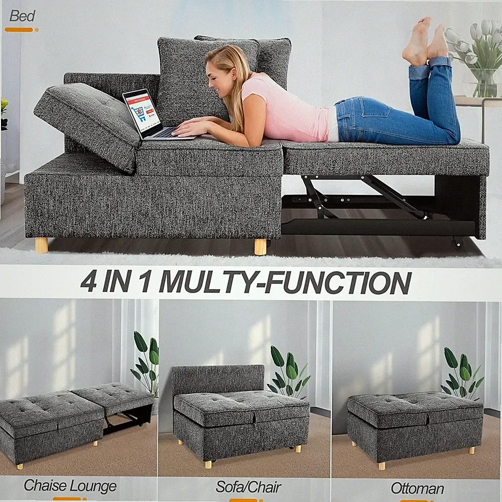 70in Sofa Bed Chair 4-in-1 Convertible Chair Sleeper Chair Single Recliner Black