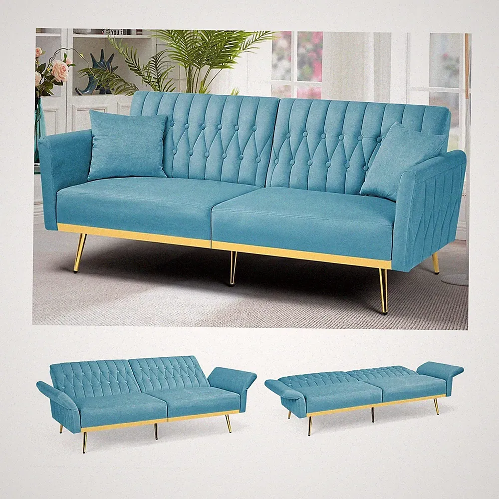 70in Velvet Futon Sofa Bed, 2 Pillows, Adjustable Armrests/Backrests, Blue