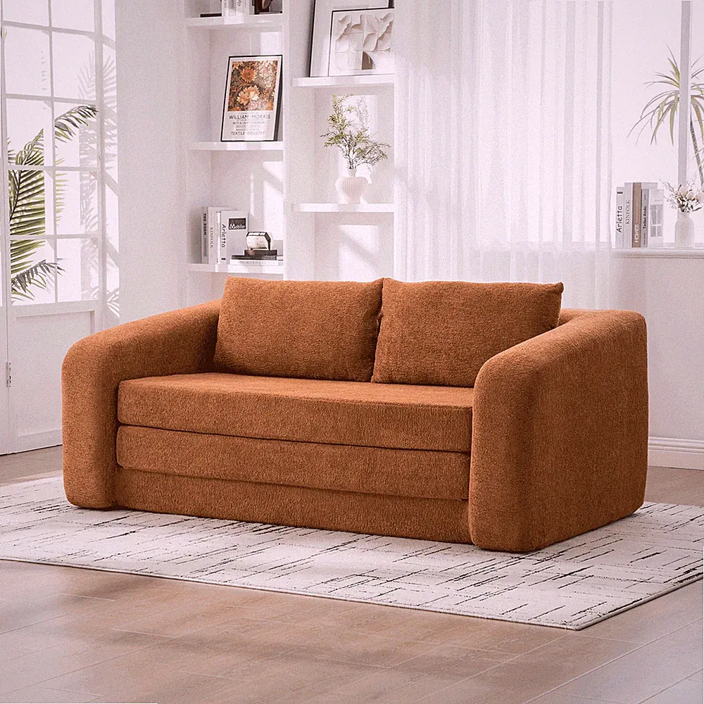 71" 2-in-1 Pull Out Foldable Loveseat Sofa Bed with Pillows, Orange