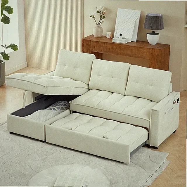71.3" L-Shaped Reclining Sofa Pull-Out Sofa Bed w/Reclining Storage & USB Beige