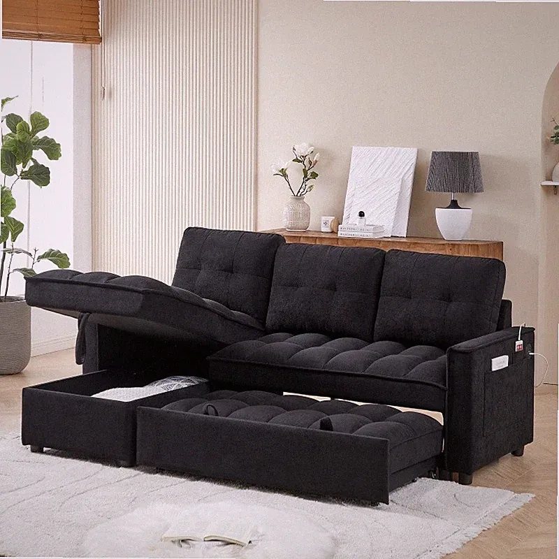 71.3" L-Shaped Reclining Sofa Pull-Out Sofa Bed w/Reclining Storage & USB Black