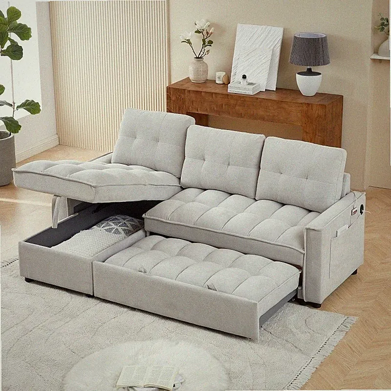 71.3" L-Shaped Reclining Sofa Pull-Out Sofa Bed w/Reclining Storage & USB Gray