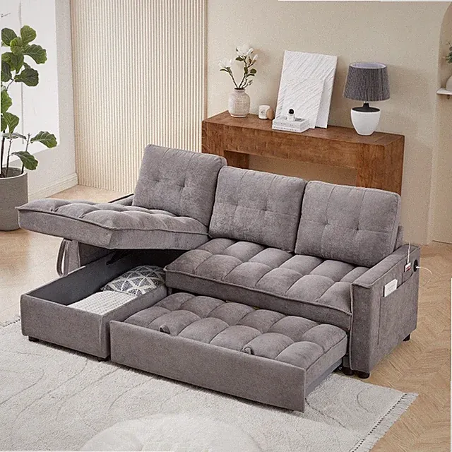 71.3" L-Shaped Reclining Sofa Pull-Out Sofa Bed w/Reclining Storage & USB Port