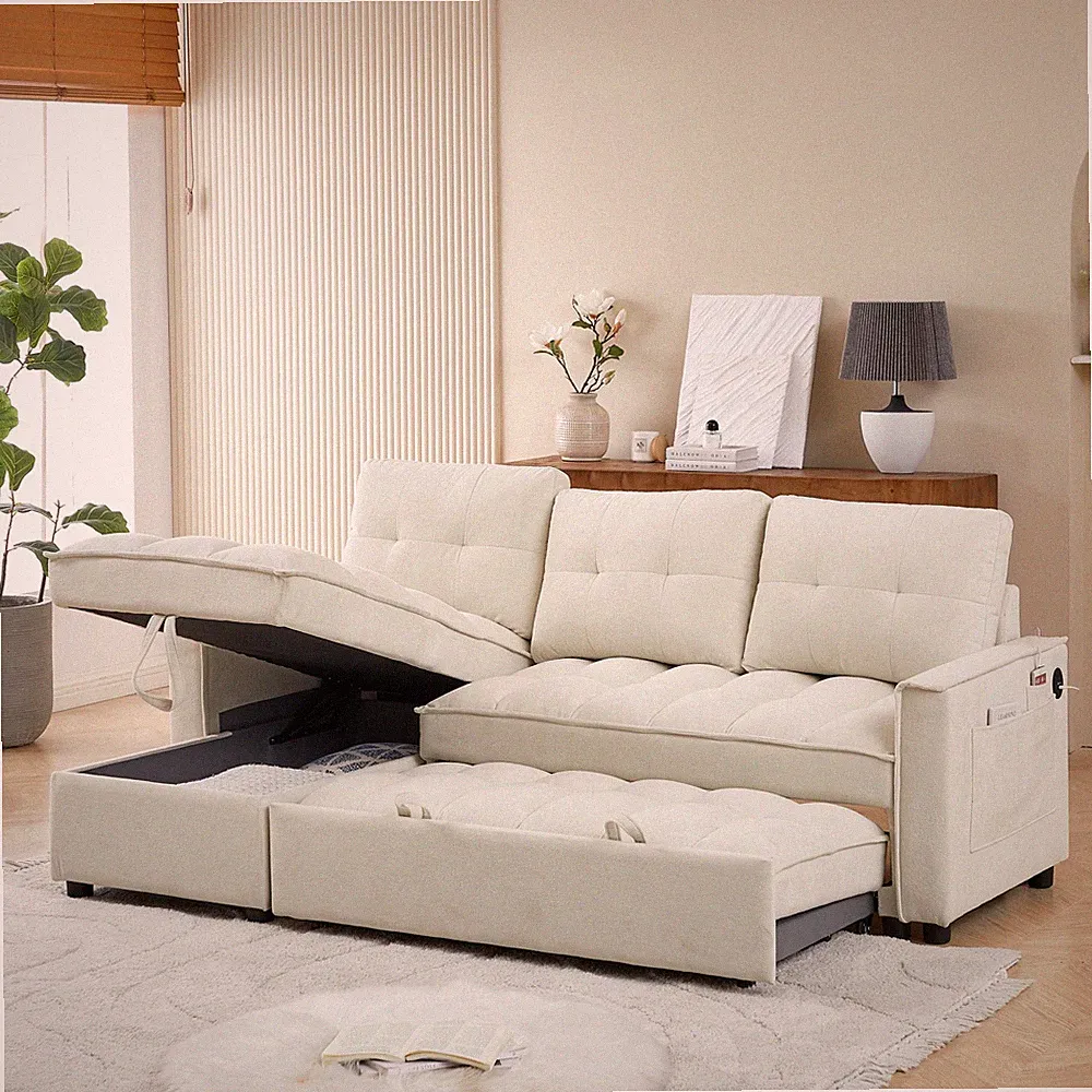 71.3" L-Shaped Sectional Sofa Bed with Recliners, USB Charging, Storage, Beige