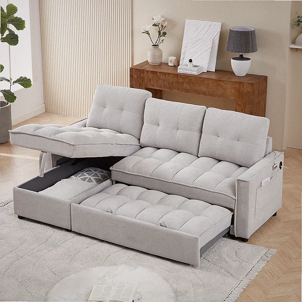 71.3" Reclining Sofa,Pull-Out Sofa Bed w/USB and tape-c charging ports,L-Shap