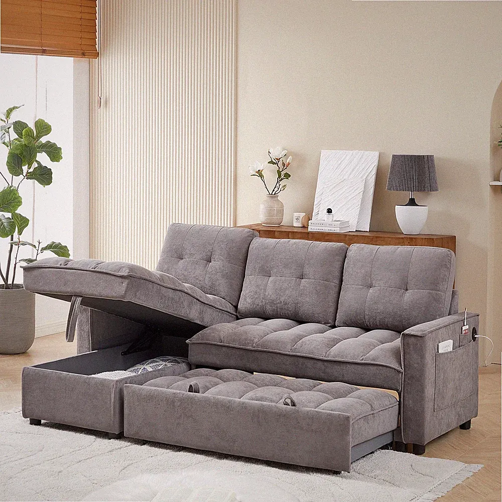 71.3" Reclining Sofa,Pull-Out Sofa Bed w/USB and tape-c charging ports,L-Shape