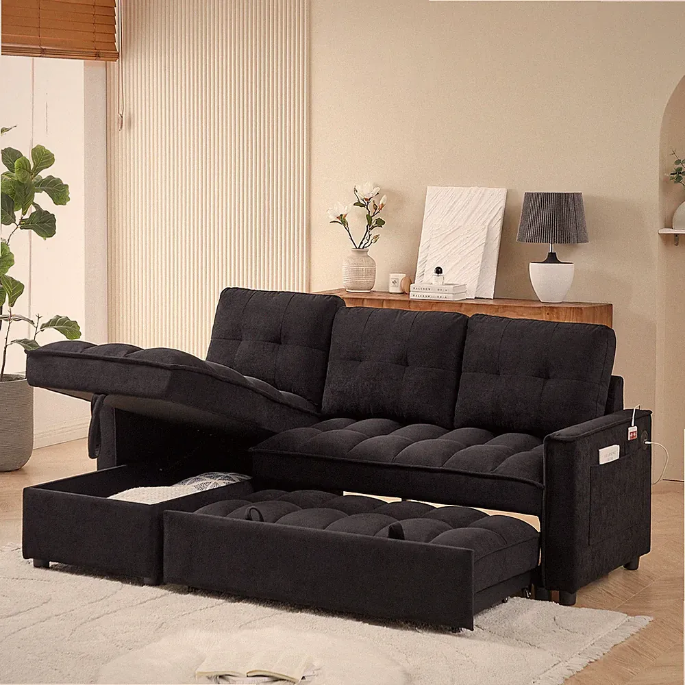 71.3" Reclining Sofa,Pull-Out Sofa Bed w/USB and tape-c charging ports,L-Shaped